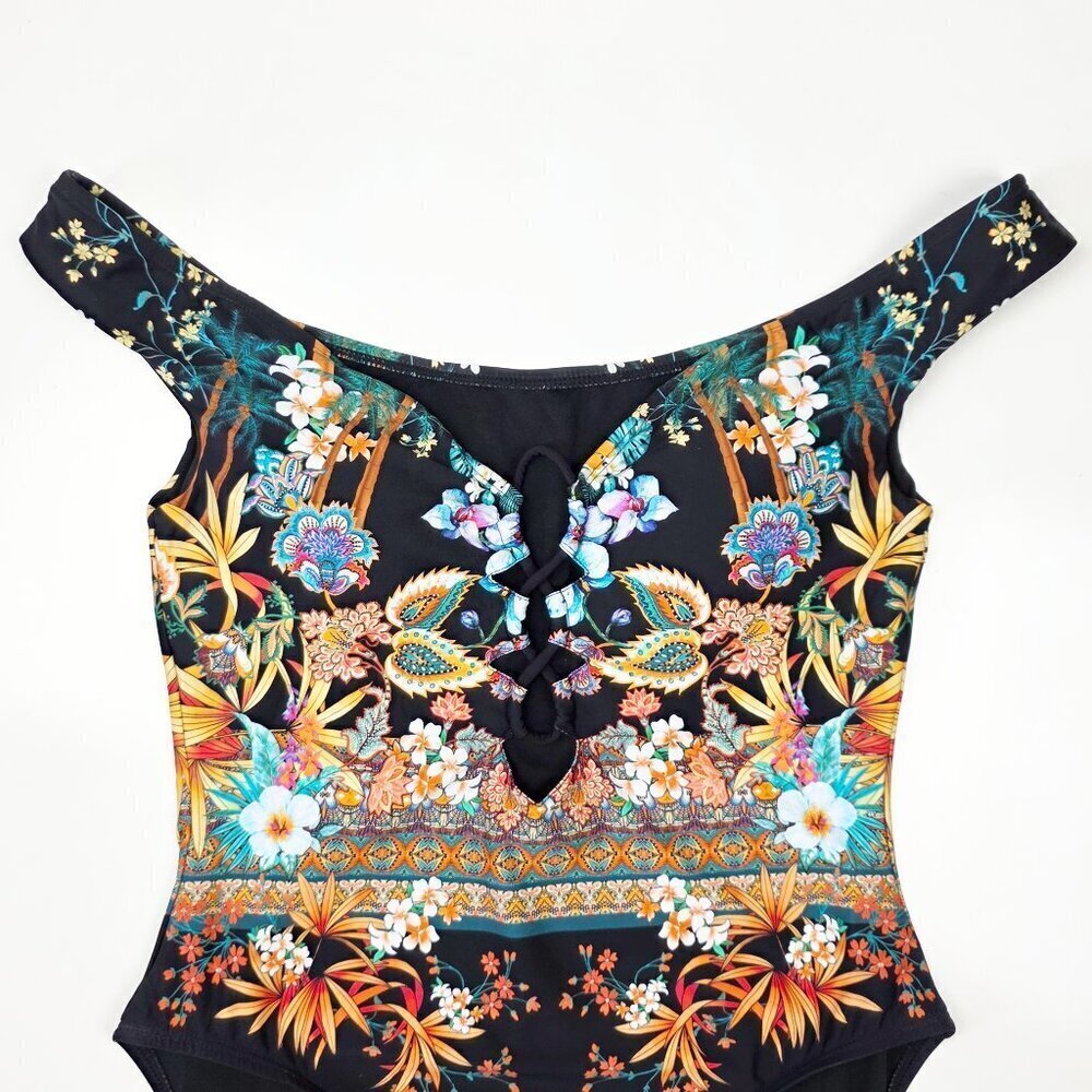 Kenneth Cole Off Shoulder Floral Tropical Stripe One Piece Swim Suit NEW - L - Picture 3 of 11